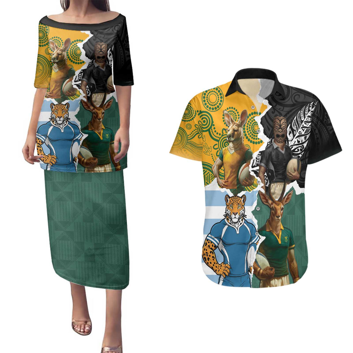 Personalised Rugby 2025 Championship Couples Matching Puletasi and Hawaiian Shirt Southern Hemisphere Countries Mascots - Wonder Print Shop