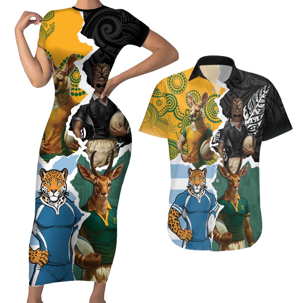 Personalised Rugby 2025 Championship Couples Matching Short Sleeve Bodycon Dress and Hawaiian Shirt Southern Hemisphere Countries Mascots - Wonder Print Shop