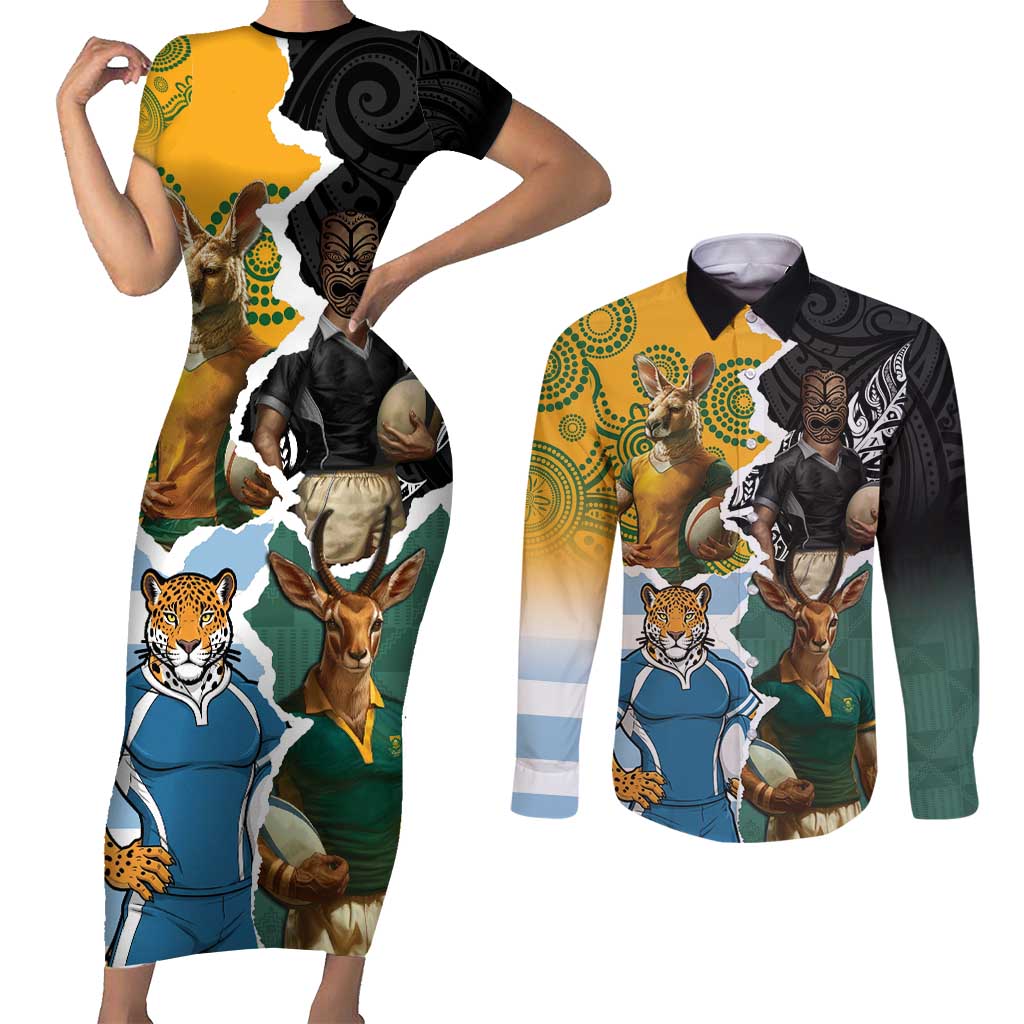 Personalised Rugby 2025 Championship Couples Matching Short Sleeve Bodycon Dress and Long Sleeve Button Shirt Southern Hemisphere Countries Mascots - Wonder Print Shop