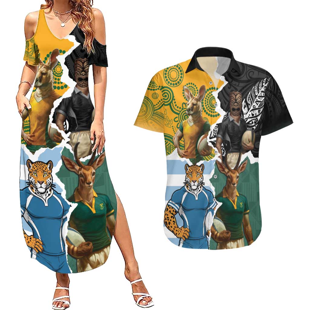 Personalised Rugby 2025 Championship Couples Matching Summer Maxi Dress and Hawaiian Shirt Southern Hemisphere Countries Mascots - Wonder Print Shop
