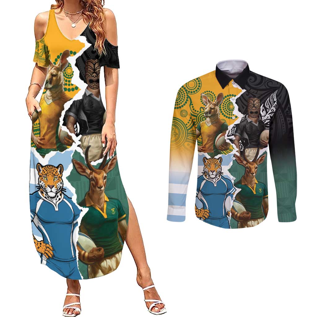 Personalised Rugby 2025 Championship Couples Matching Summer Maxi Dress and Long Sleeve Button Shirt Southern Hemisphere Countries Mascots - Wonder Print Shop
