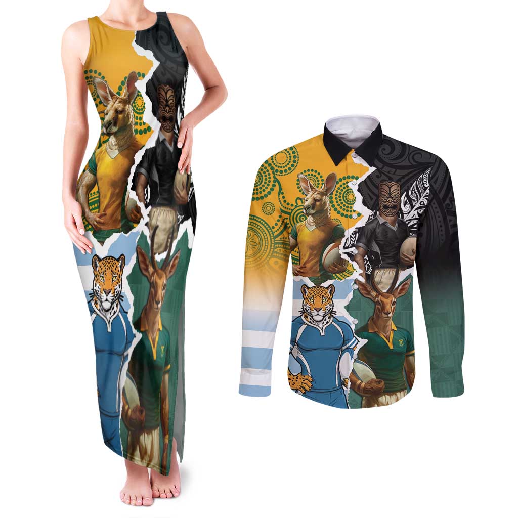 Personalised Rugby 2025 Championship Couples Matching Tank Maxi Dress and Long Sleeve Button Shirt Southern Hemisphere Countries Mascots - Wonder Print Shop