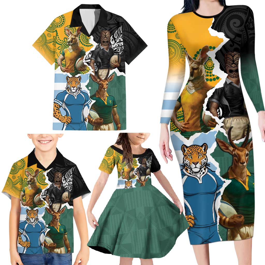 Personalised Rugby 2025 Championship Family Matching Long Sleeve Bodycon Dress and Hawaiian Shirt Southern Hemisphere Countries Mascots - Wonder Print Shop