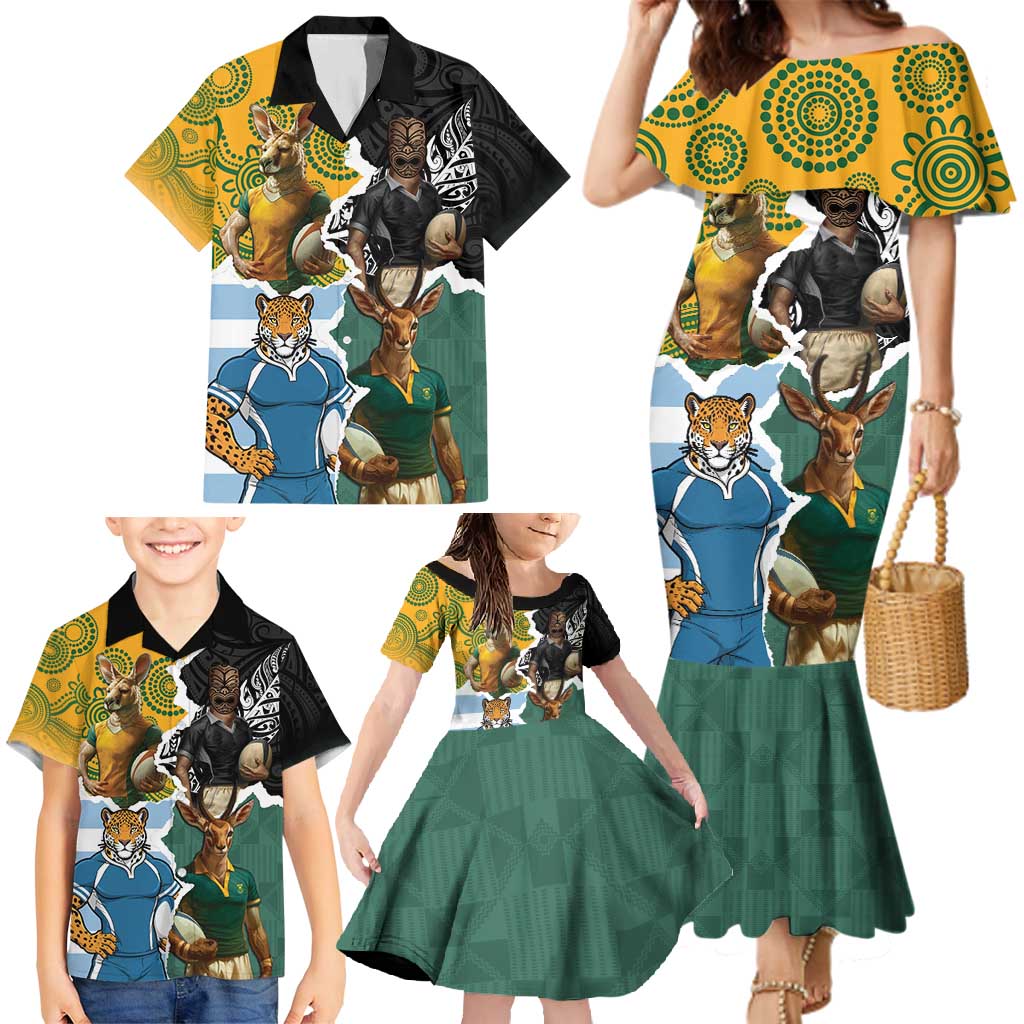 Personalised Rugby 2025 Championship Family Matching Mermaid Dress and Hawaiian Shirt Southern Hemisphere Countries Mascots - Wonder Print Shop