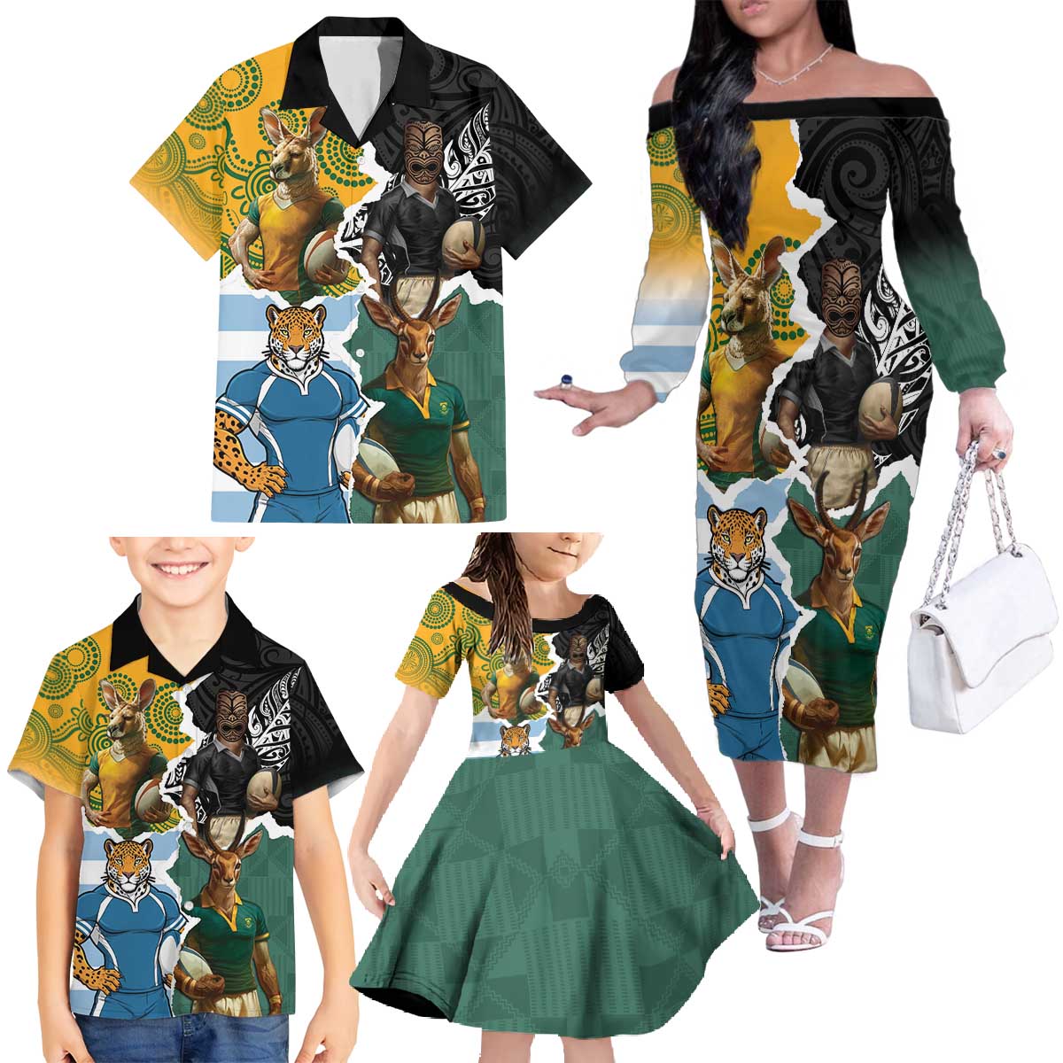 Personalised Rugby 2025 Championship Family Matching Off The Shoulder Long Sleeve Dress and Hawaiian Shirt Southern Hemisphere Countries Mascots - Wonder Print Shop