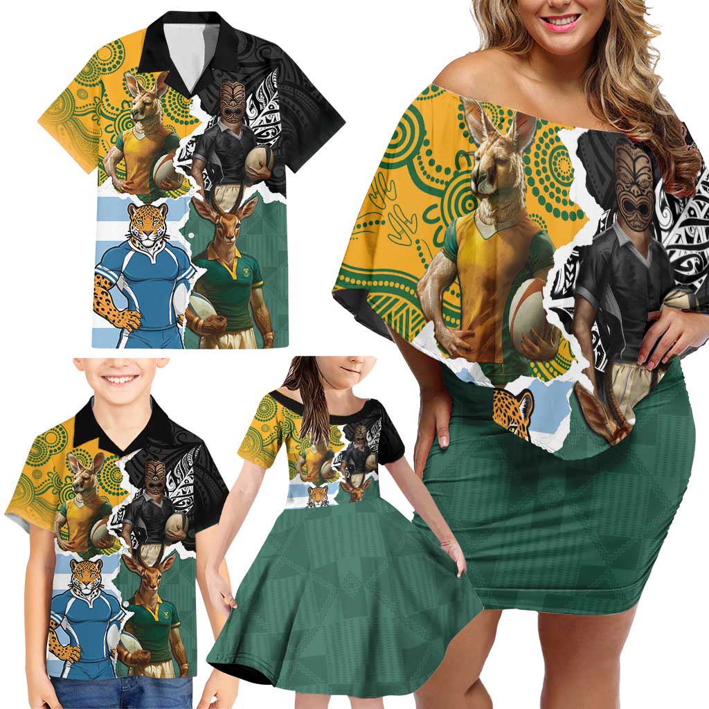Personalised Rugby 2025 Championship Family Matching Off Shoulder Short Dress and Hawaiian Shirt Southern Hemisphere Countries Mascots - Wonder Print Shop