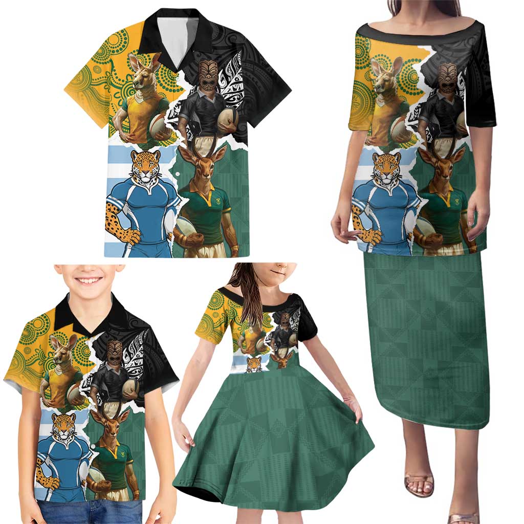 Personalised Rugby 2025 Championship Family Matching Puletasi and Hawaiian Shirt Southern Hemisphere Countries Mascots - Wonder Print Shop
