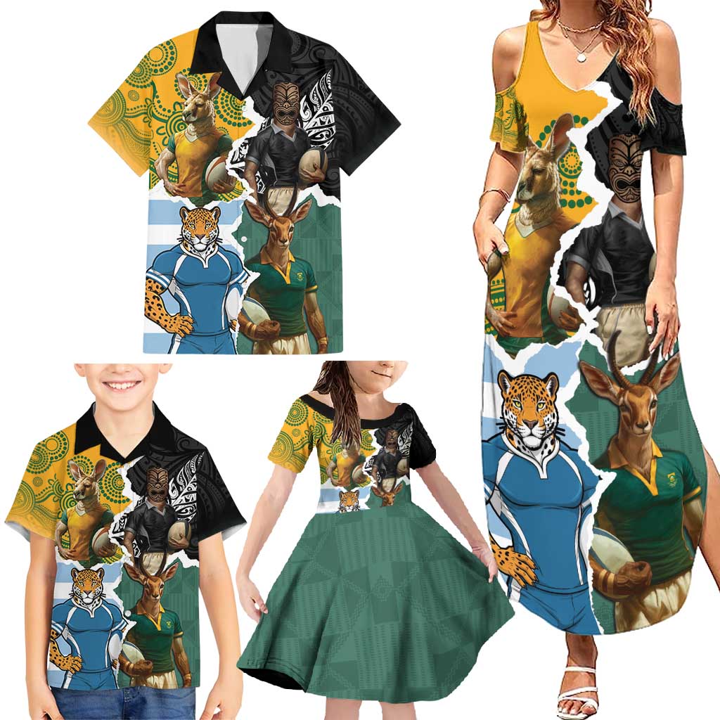 Personalised Rugby 2025 Championship Family Matching Summer Maxi Dress and Hawaiian Shirt Southern Hemisphere Countries Mascots - Wonder Print Shop