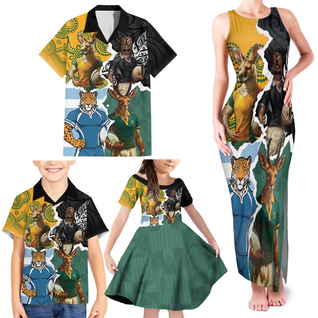 Personalised Rugby 2025 Championship Family Matching Tank Maxi Dress and Hawaiian Shirt Southern Hemisphere Countries Mascots - Wonder Print Shop
