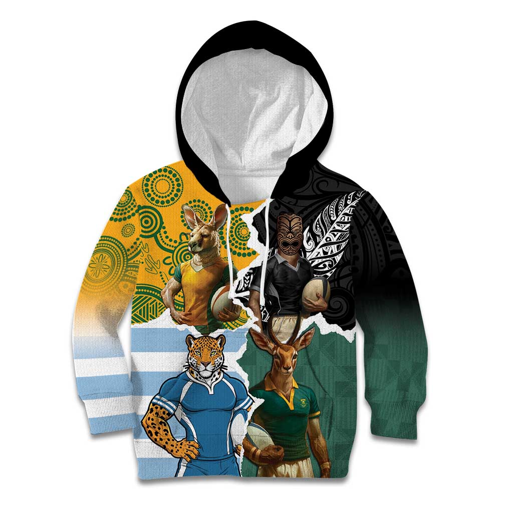 Personalised Rugby 2025 Championship Kid Hoodie Southern Hemisphere Countries Mascots - Wonder Print Shop