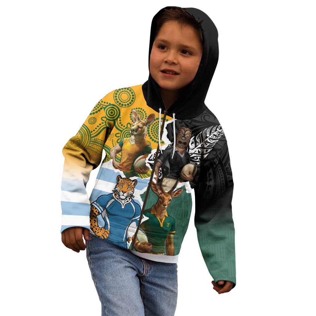 Personalised Rugby 2025 Championship Kid Hoodie Southern Hemisphere Countries Mascots - Wonder Print Shop