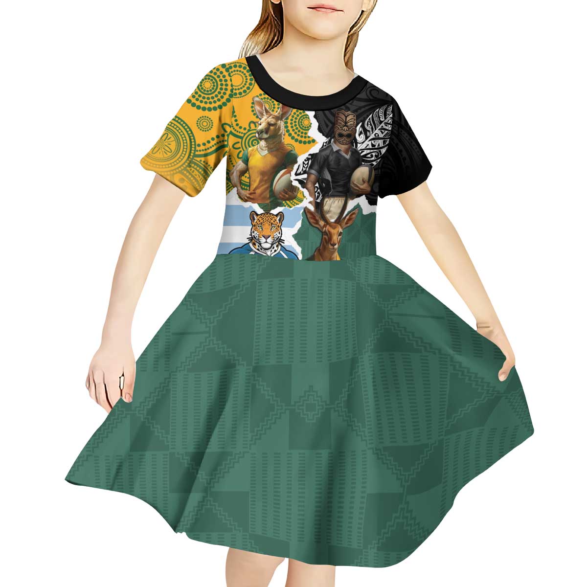 Personalised Rugby 2025 Championship Kid Short Sleeve Dress Southern Hemisphere Countries Mascots - Wonder Print Shop
