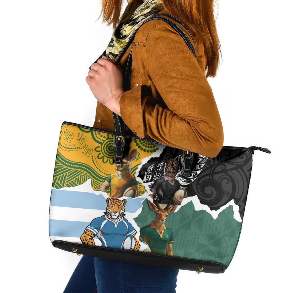 Rugby 2025 Championship Leather Tote Bag Southern Hemisphere Countries Mascots - Wonder Print Shop