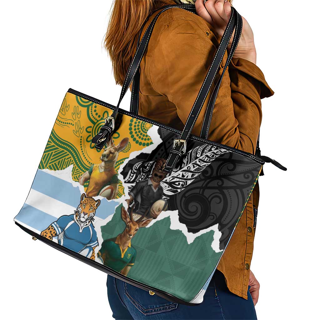 Rugby 2025 Championship Leather Tote Bag Southern Hemisphere Countries Mascots - Wonder Print Shop
