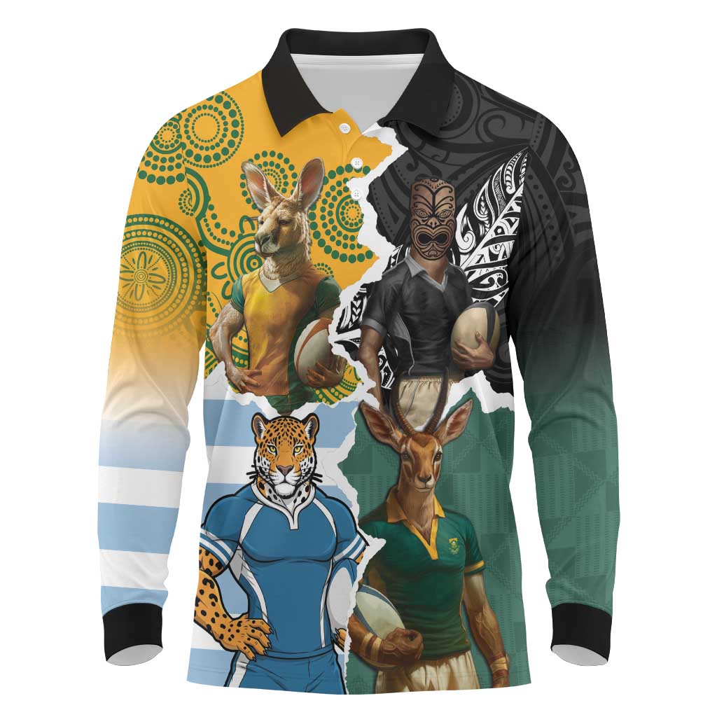 Personalised Rugby 2025 Championship Long Sleeve Polo Shirt Southern Hemisphere Countries Mascots - Wonder Print Shop