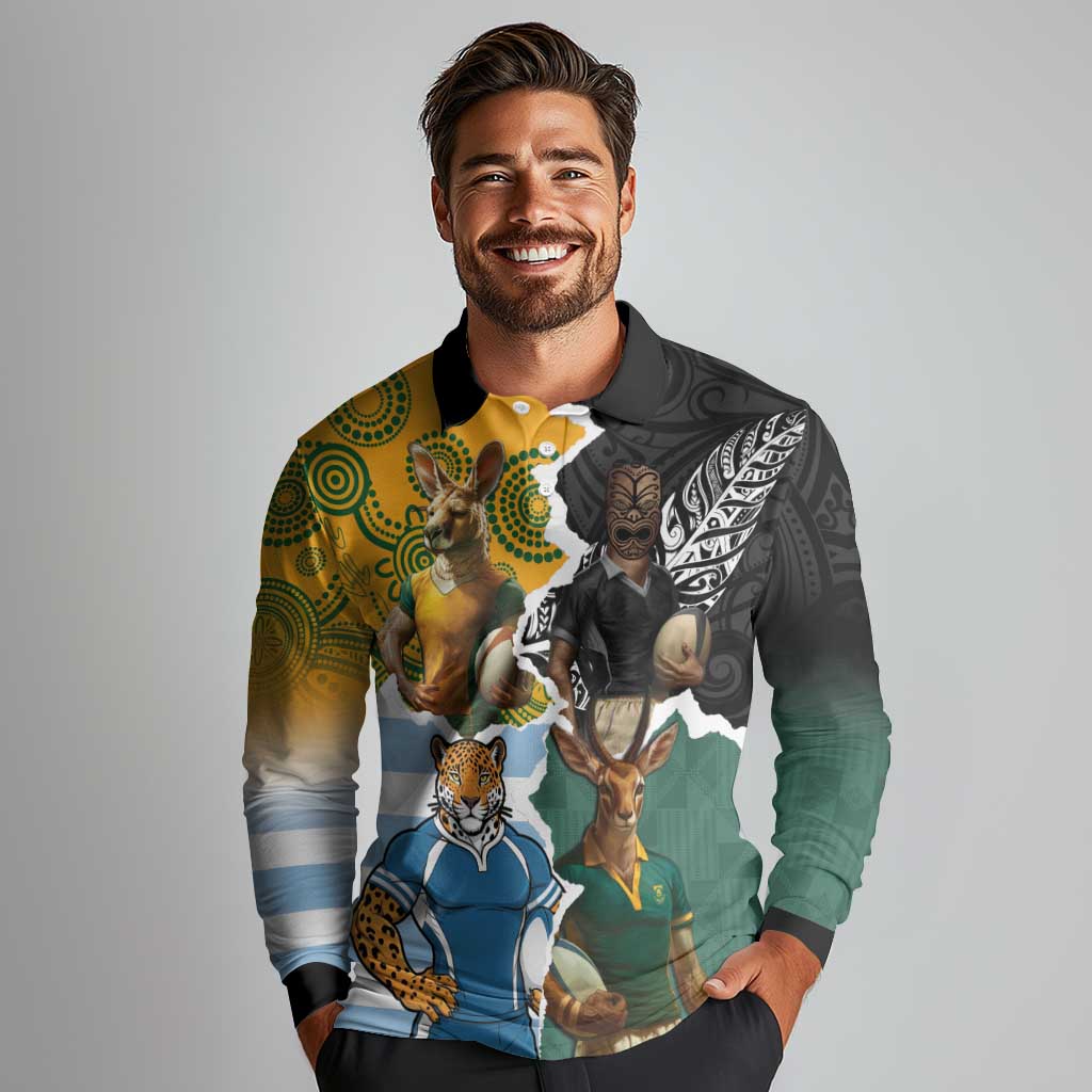 Personalised Rugby 2025 Championship Long Sleeve Polo Shirt Southern Hemisphere Countries Mascots - Wonder Print Shop
