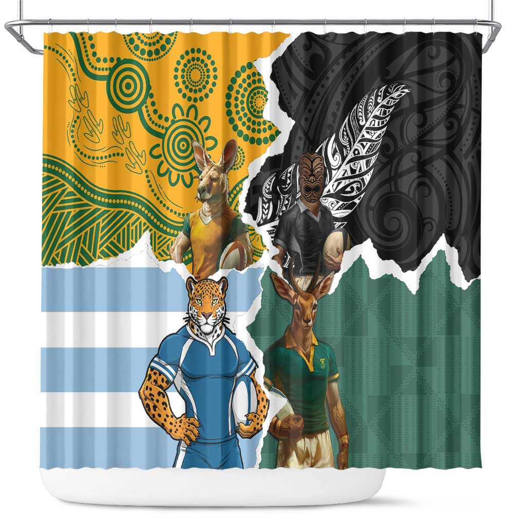 Rugby 2025 Championship Shower Curtain Southern Hemisphere Countries Mascots - Wonder Print Shop