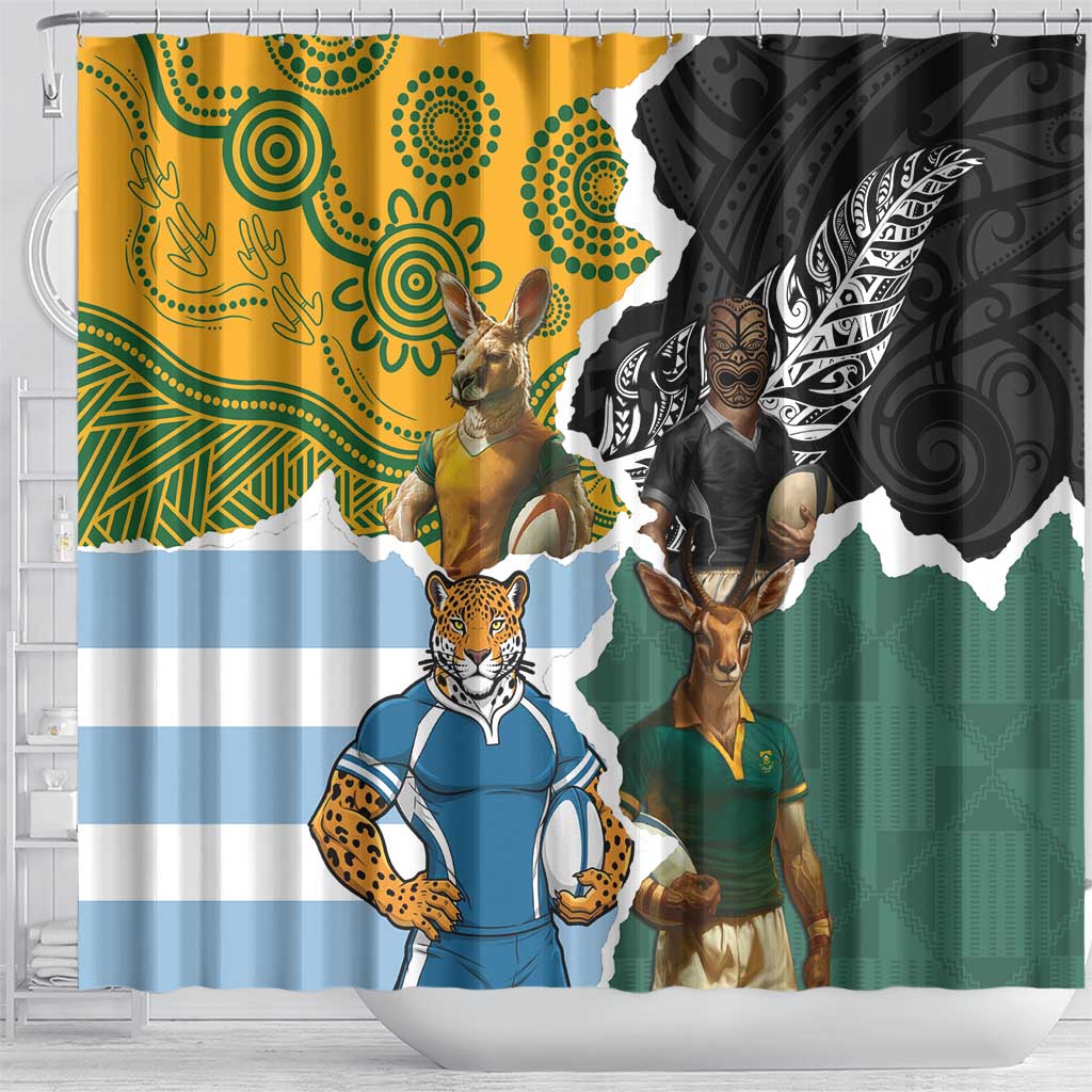Rugby 2025 Championship Shower Curtain Southern Hemisphere Countries Mascots - Wonder Print Shop