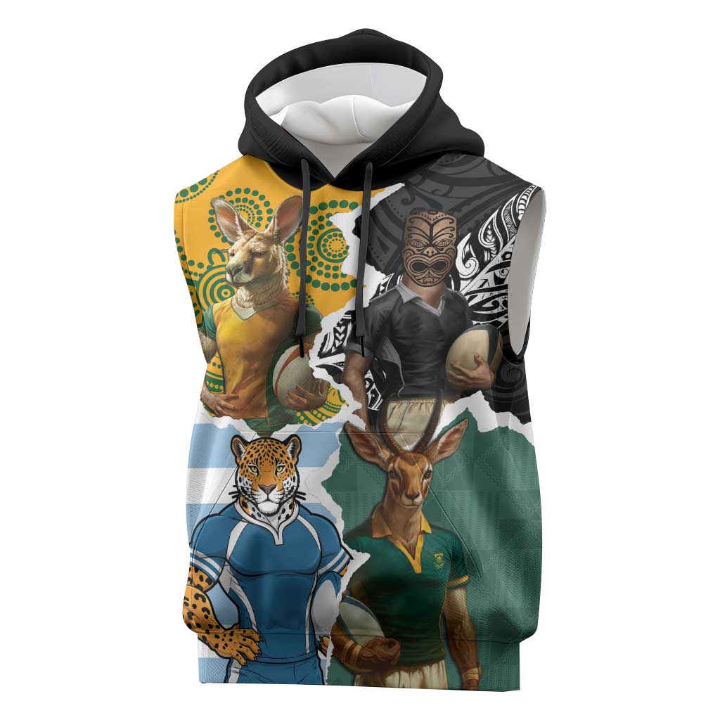 Personalised Rugby 2025 Championship Sleeveless Hoodie Southern Hemisphere Countries Mascots - Wonder Print Shop