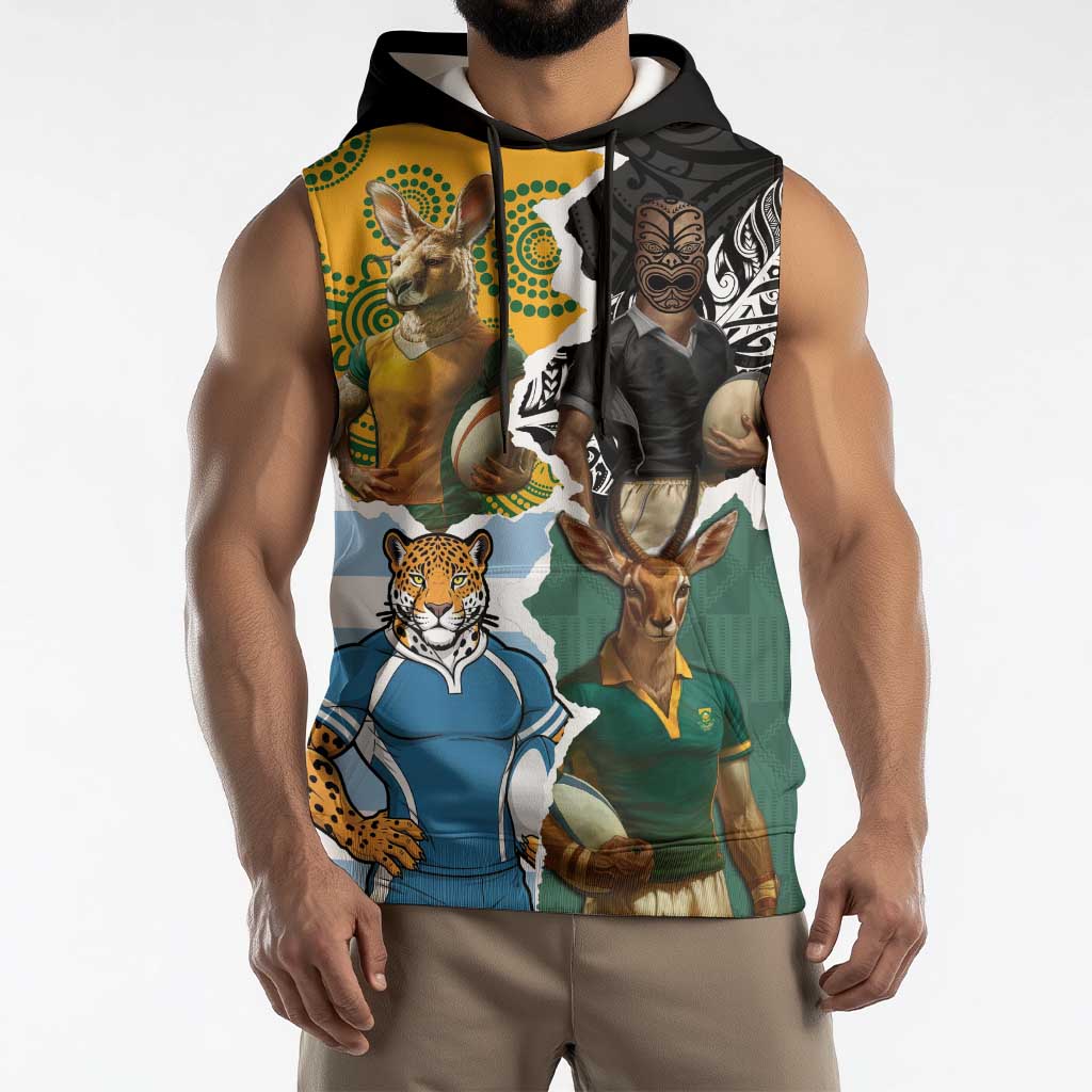 Personalised Rugby 2025 Championship Sleeveless Hoodie Southern Hemisphere Countries Mascots - Wonder Print Shop