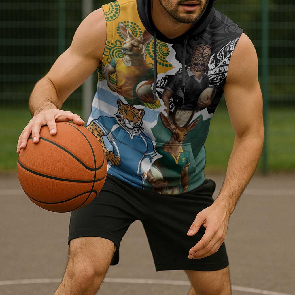 Personalised Rugby 2025 Championship Sleeveless Hoodie Southern Hemisphere Countries Mascots - Wonder Print Shop