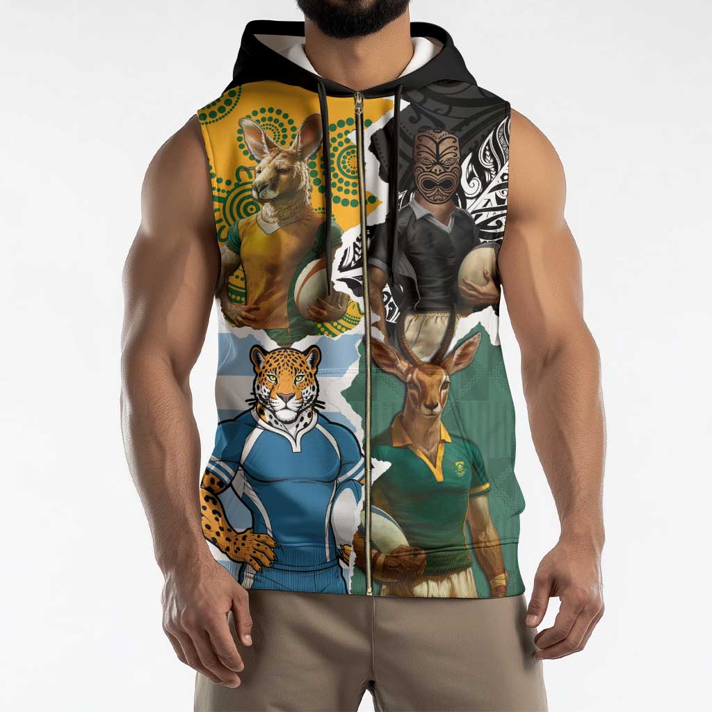 Personalised Rugby 2025 Championship Sleeveless Zip Hoodie Southern Hemisphere Countries Mascots - Wonder Print Shop