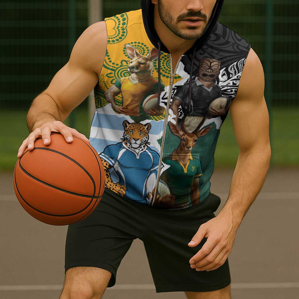 Personalised Rugby 2025 Championship Sleeveless Zip Hoodie Southern Hemisphere Countries Mascots - Wonder Print Shop