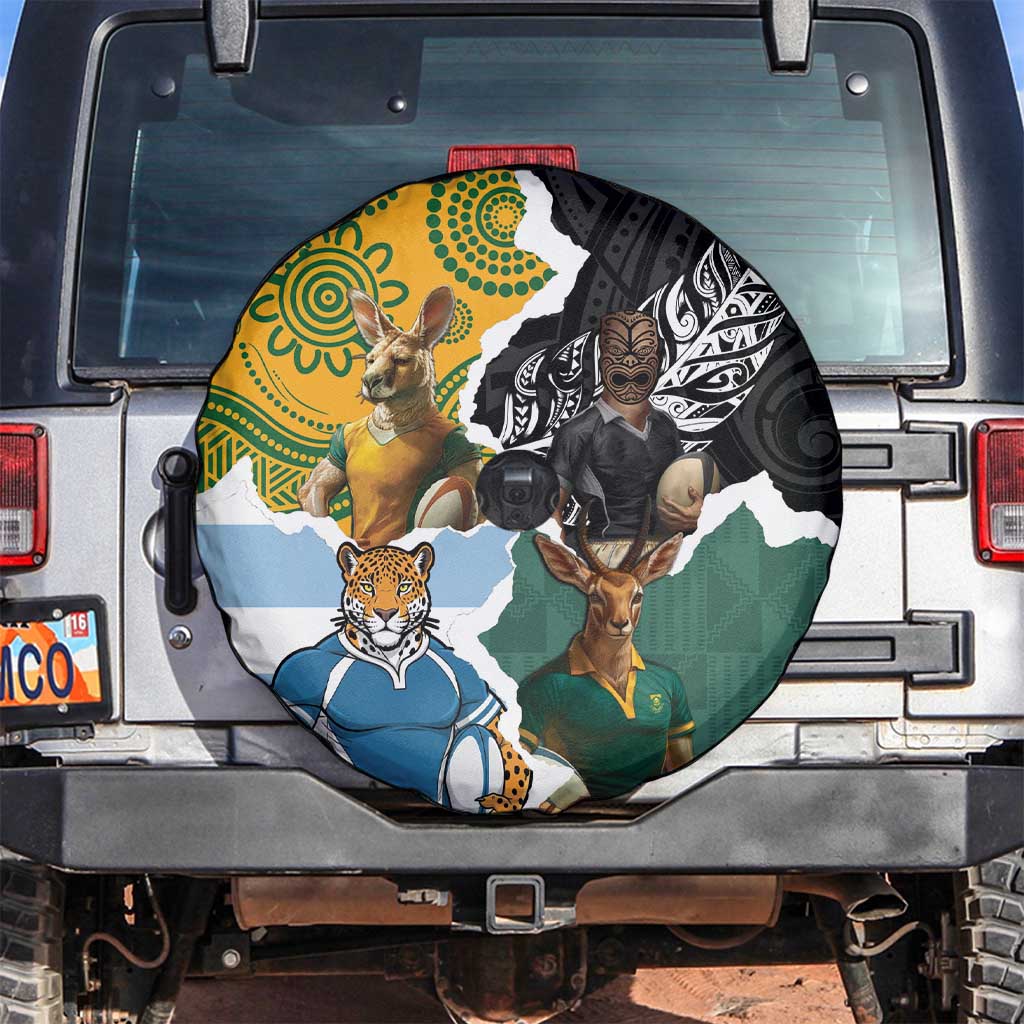 Rugby 2025 Championship Spare Tire Cover Southern Hemisphere Countries Mascots - Wonder Print Shop