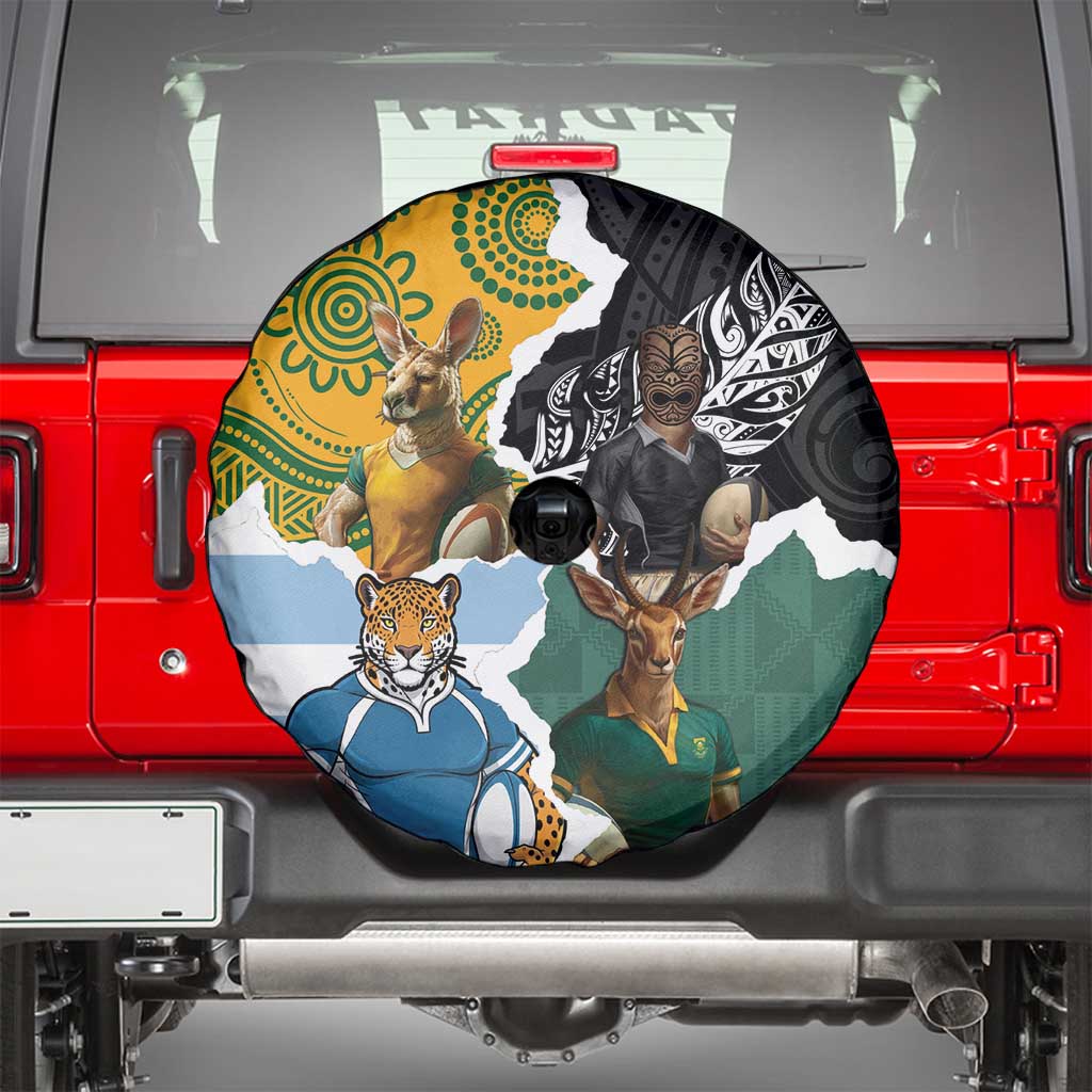 Rugby 2025 Championship Spare Tire Cover Southern Hemisphere Countries Mascots - Wonder Print Shop