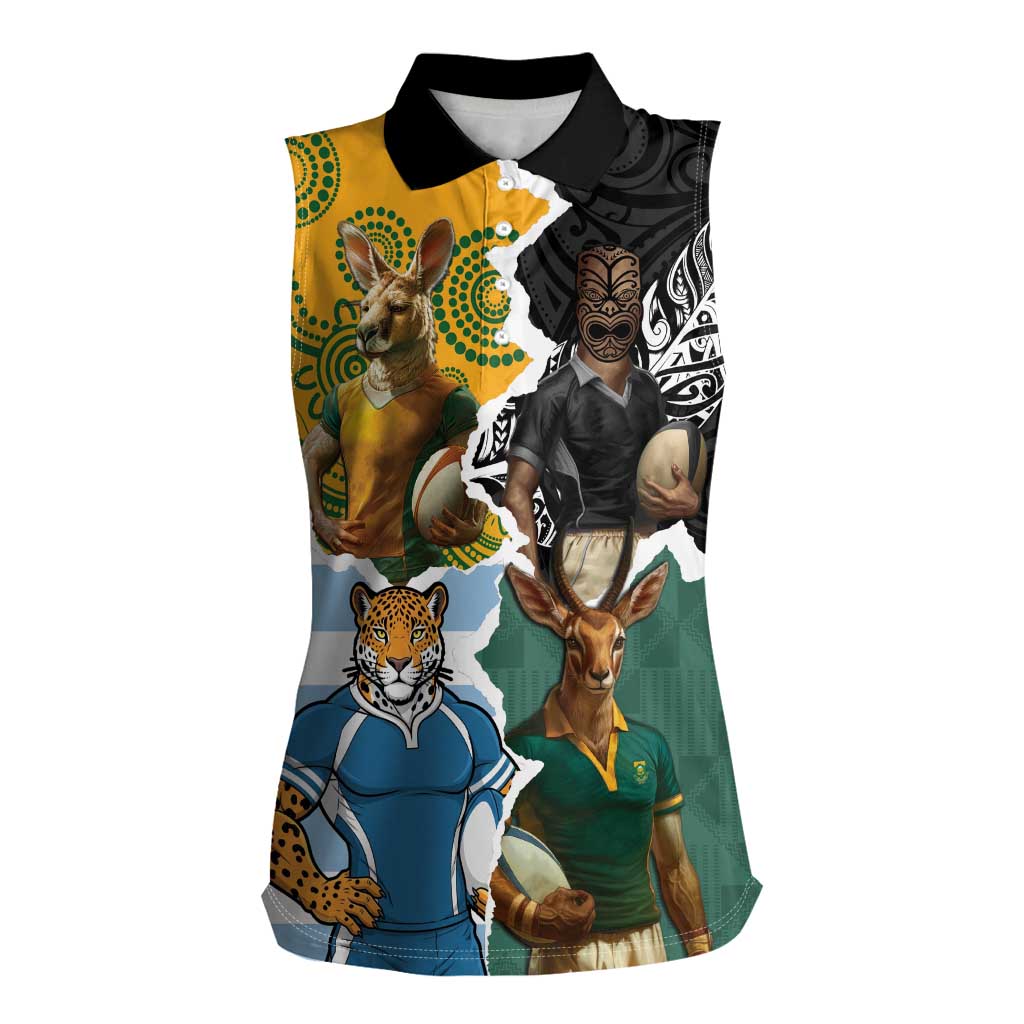 Personalised Rugby 2025 Championship Women Sleeveless Polo Shirt Southern Hemisphere Countries Mascots - Wonder Print Shop