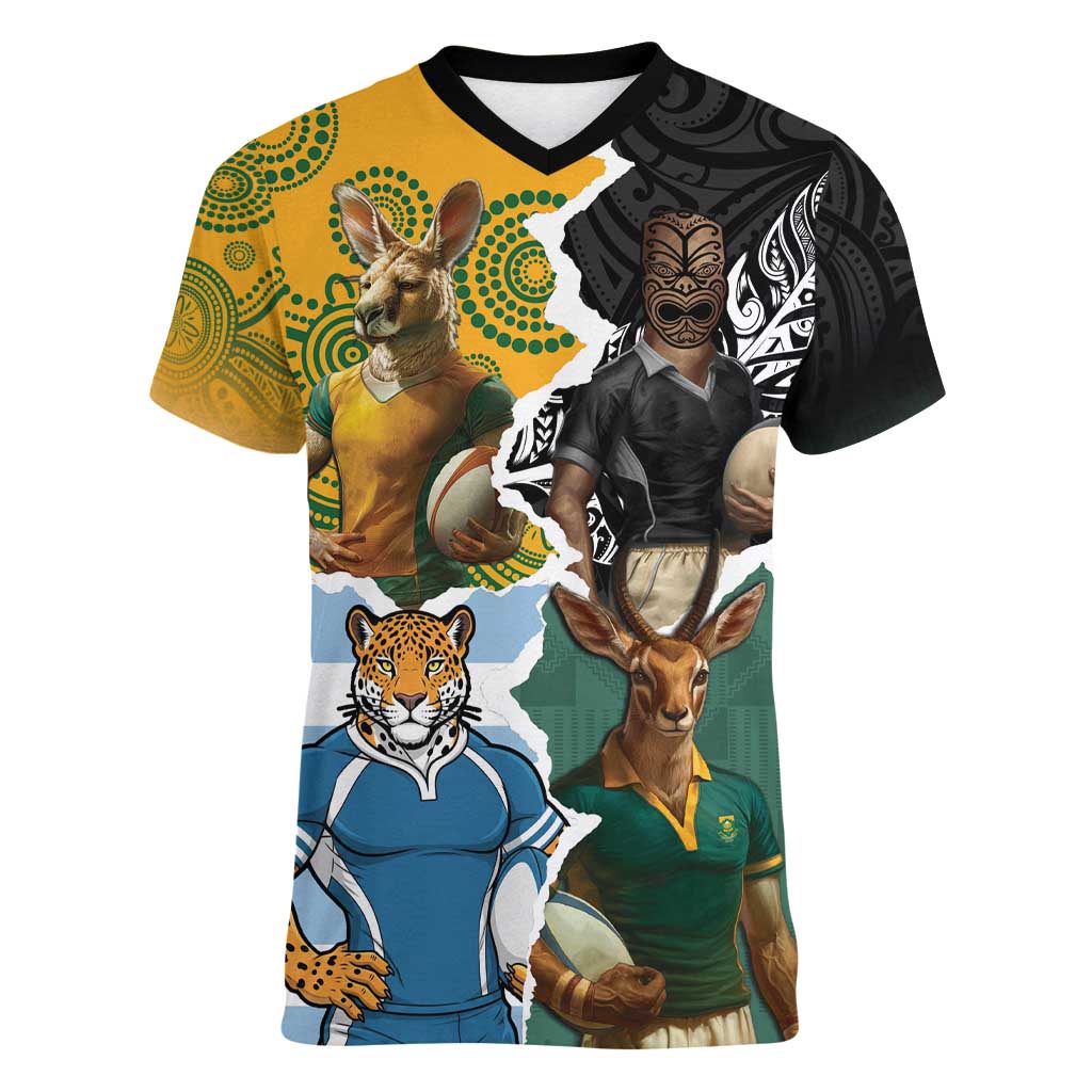 Personalised Rugby 2025 Championship Women V-Neck T-Shirt Southern Hemisphere Countries Mascots - Wonder Print Shop