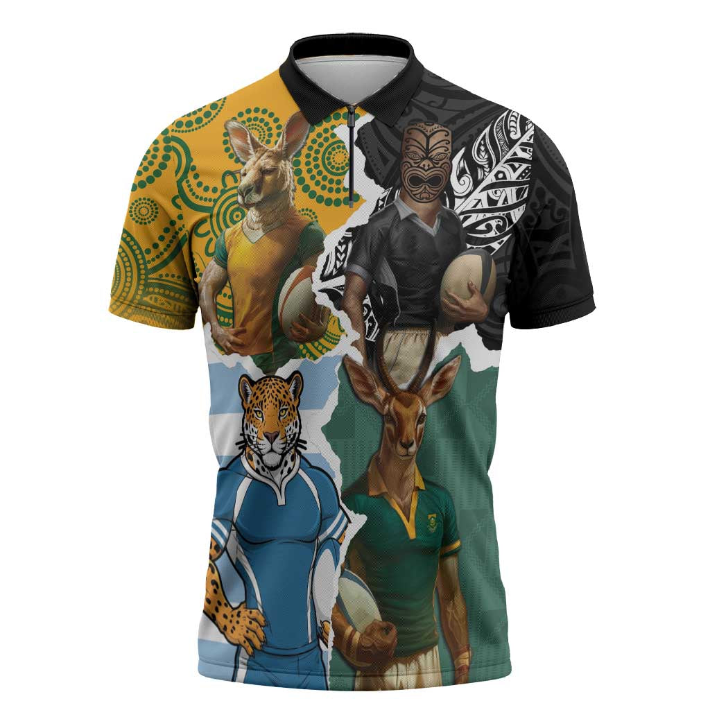Personalised Rugby 2025 Championship Zipper Polo Shirt Southern Hemisphere Countries Mascots - Wonder Print Shop