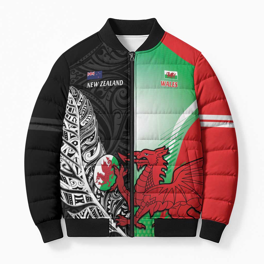 New Zealand and Wales Rugby Custom Bomber Puffer Jacket Aotearoa All Black Combine Welsh Dragon - Wonder Print Shop