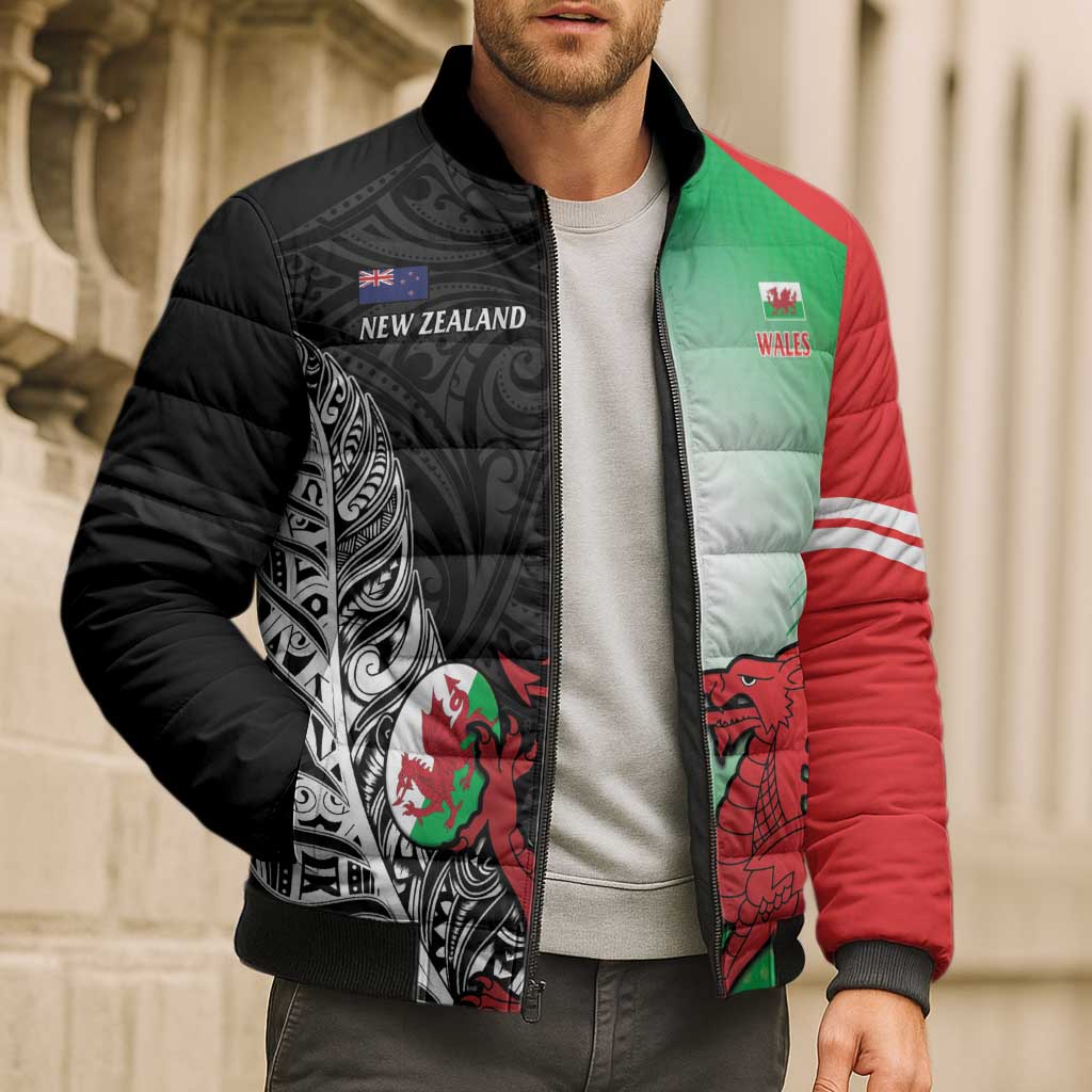 New Zealand and Wales Rugby Custom Bomber Puffer Jacket Aotearoa All Black Combine Welsh Dragon - Wonder Print Shop
