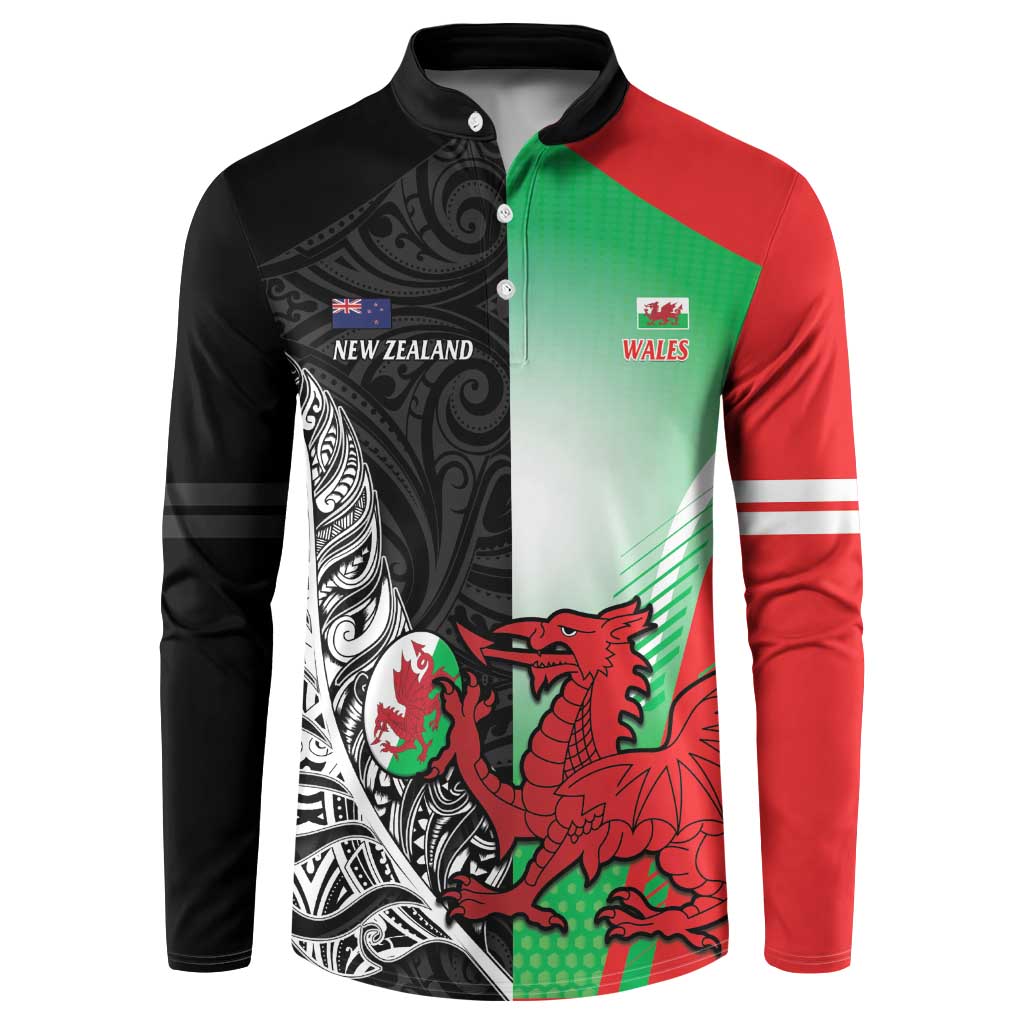 New Zealand and Wales Rugby Custom Button Sweatshirt Aotearoa All Black Combine Welsh Dragon - Wonder Print Shop