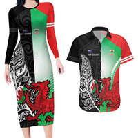 New Zealand and Wales Rugby Custom Couples Matching Long Sleeve Bodycon Dress and Hawaiian Shirt Aotearoa All Black Combine Welsh Dragon - Wonder Print Shop