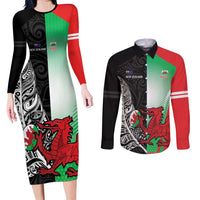 New Zealand and Wales Rugby Custom Couples Matching Long Sleeve Bodycon Dress and Long Sleeve Button Shirt Aotearoa All Black Combine Welsh Dragon - Wonder Print Shop