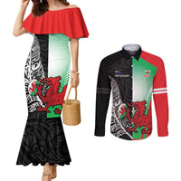 New Zealand and Wales Rugby Custom Couples Matching Mermaid Dress and Long Sleeve Button Shirt Aotearoa All Black Combine Welsh Dragon - Wonder Print Shop