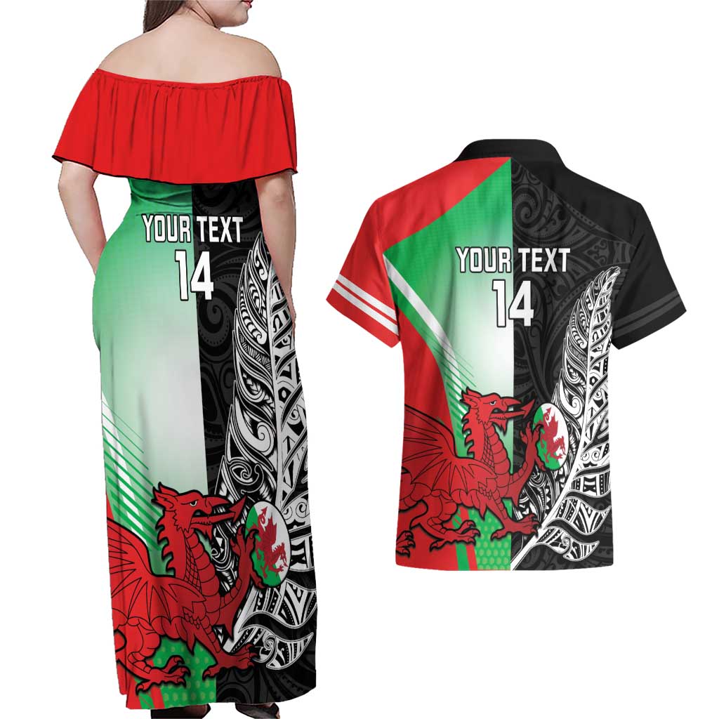 New Zealand and Wales Rugby Custom Couples Matching Off Shoulder Maxi Dress and Hawaiian Shirt Aotearoa All Black Combine Welsh Dragon - Wonder Print Shop
