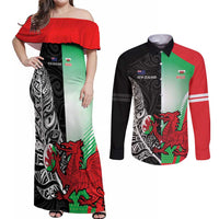 New Zealand and Wales Rugby Custom Couples Matching Off Shoulder Maxi Dress and Long Sleeve Button Shirt Aotearoa All Black Combine Welsh Dragon - Wonder Print Shop