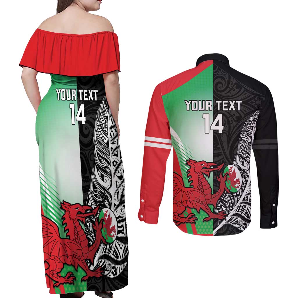 New Zealand and Wales Rugby Custom Couples Matching Off Shoulder Maxi Dress and Long Sleeve Button Shirt Aotearoa All Black Combine Welsh Dragon - Wonder Print Shop