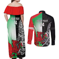 New Zealand and Wales Rugby Custom Couples Matching Off Shoulder Maxi Dress and Long Sleeve Button Shirt Aotearoa All Black Combine Welsh Dragon - Wonder Print Shop