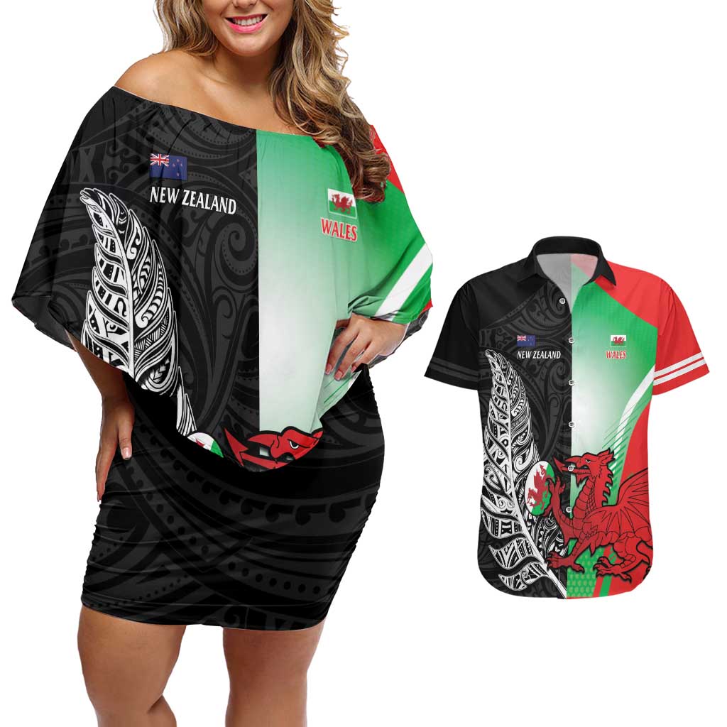 New Zealand and Wales Rugby Custom Couples Matching Off Shoulder Short Dress and Hawaiian Shirt Aotearoa All Black Combine Welsh Dragon - Wonder Print Shop