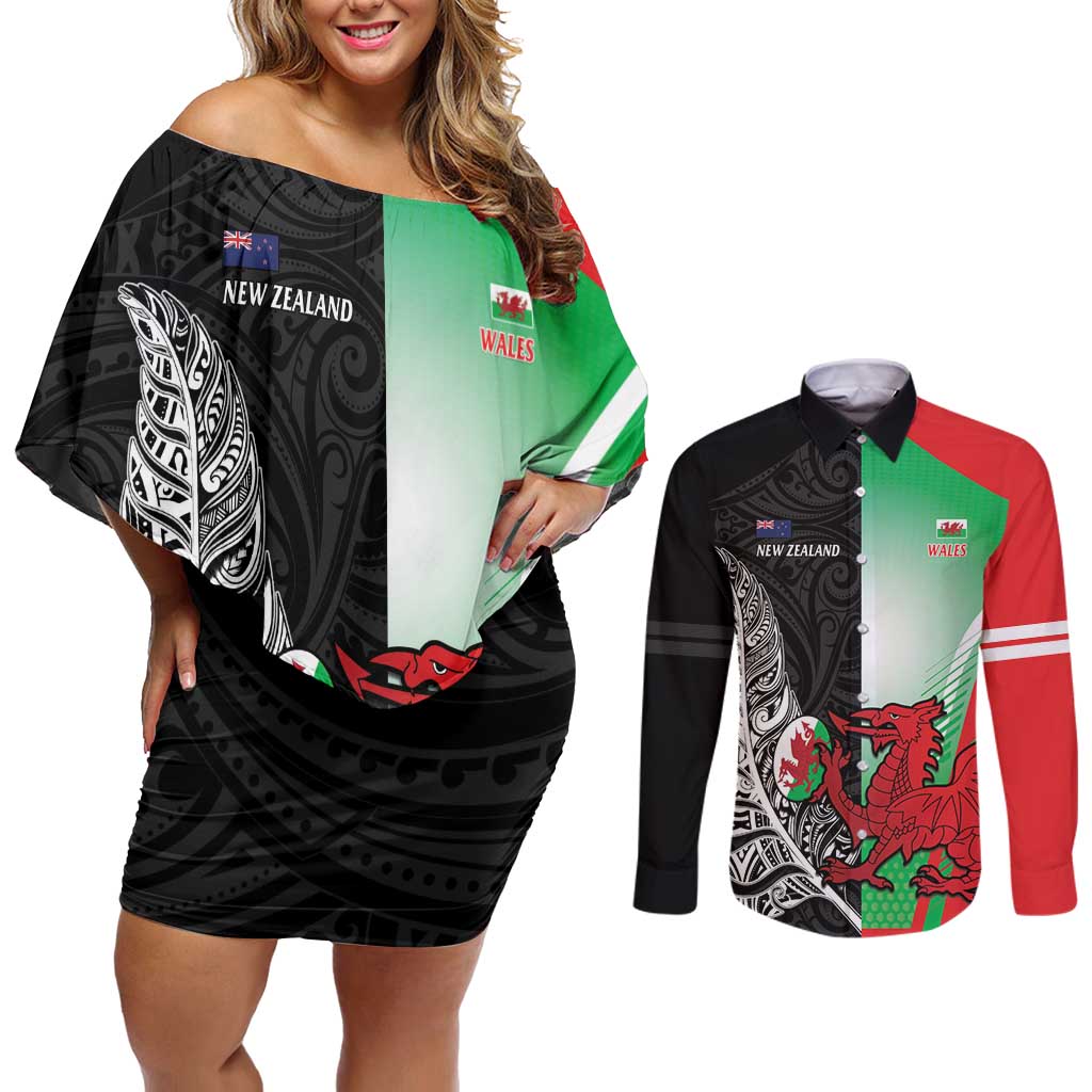 New Zealand and Wales Rugby Custom Couples Matching Off Shoulder Short Dress and Long Sleeve Button Shirt Aotearoa All Black Combine Welsh Dragon - Wonder Print Shop