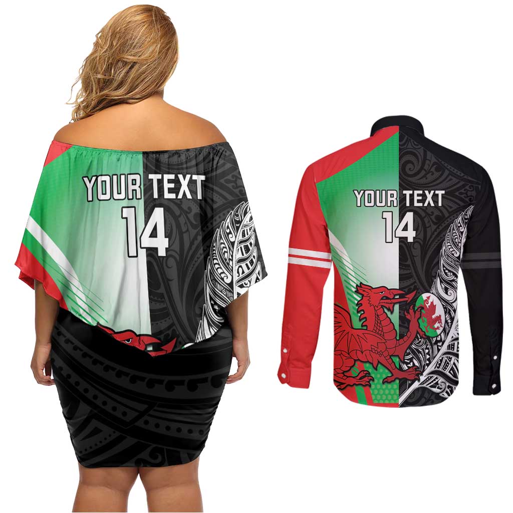 New Zealand and Wales Rugby Custom Couples Matching Off Shoulder Short Dress and Long Sleeve Button Shirt Aotearoa All Black Combine Welsh Dragon - Wonder Print Shop