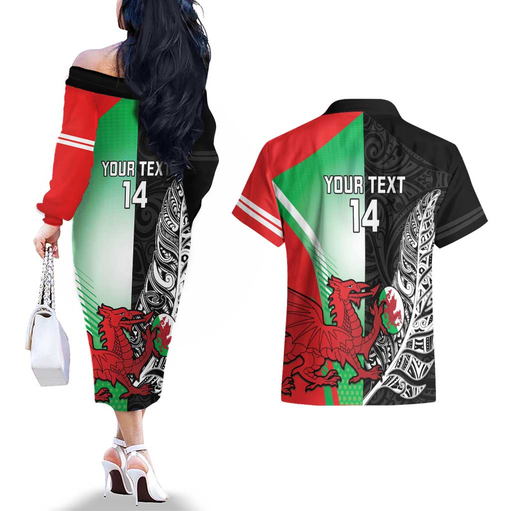 New Zealand and Wales Rugby Custom Couples Matching Off The Shoulder Long Sleeve Dress and Hawaiian Shirt Aotearoa All Black Combine Welsh Dragon - Wonder Print Shop
