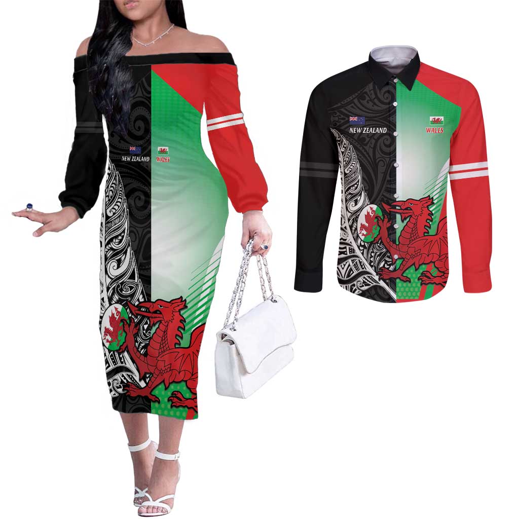 New Zealand and Wales Rugby Custom Couples Matching Off The Shoulder Long Sleeve Dress and Long Sleeve Button Shirt Aotearoa All Black Combine Welsh Dragon - Wonder Print Shop