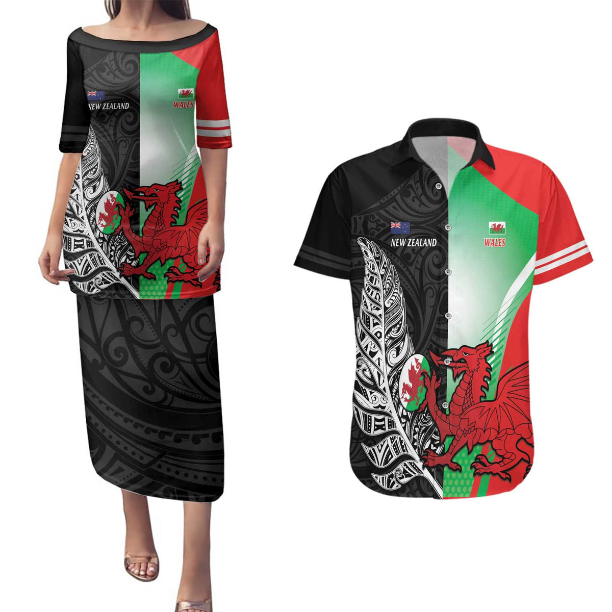 New Zealand and Wales Rugby Custom Couples Matching Puletasi and Hawaiian Shirt Aotearoa All Black Combine Welsh Dragon - Wonder Print Shop