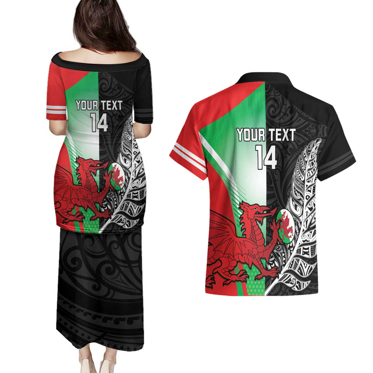 New Zealand and Wales Rugby Custom Couples Matching Puletasi and Hawaiian Shirt Aotearoa All Black Combine Welsh Dragon - Wonder Print Shop
