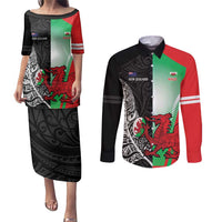 New Zealand and Wales Rugby Custom Couples Matching Puletasi and Long Sleeve Button Shirt Aotearoa All Black Combine Welsh Dragon - Wonder Print Shop